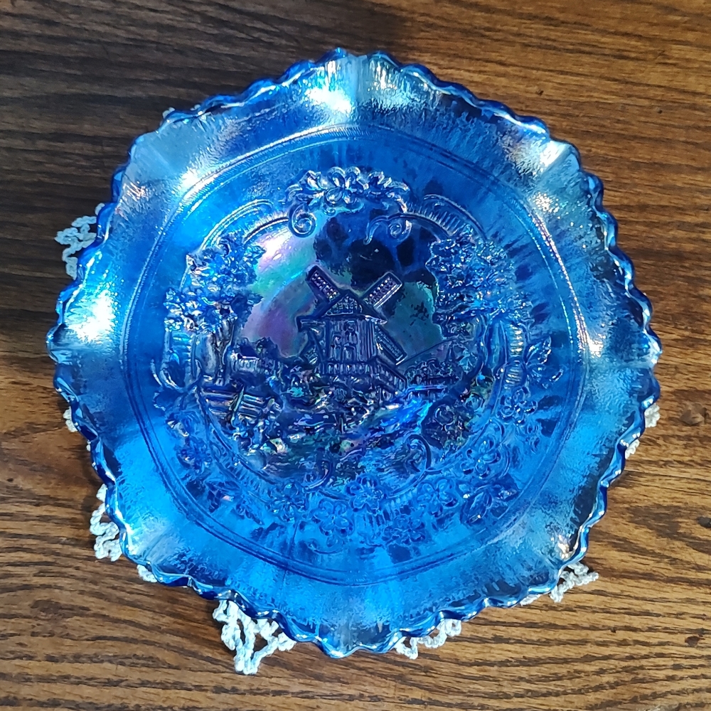 Vintage Blue Iridescent Fluted Carnival Glass Bowl
